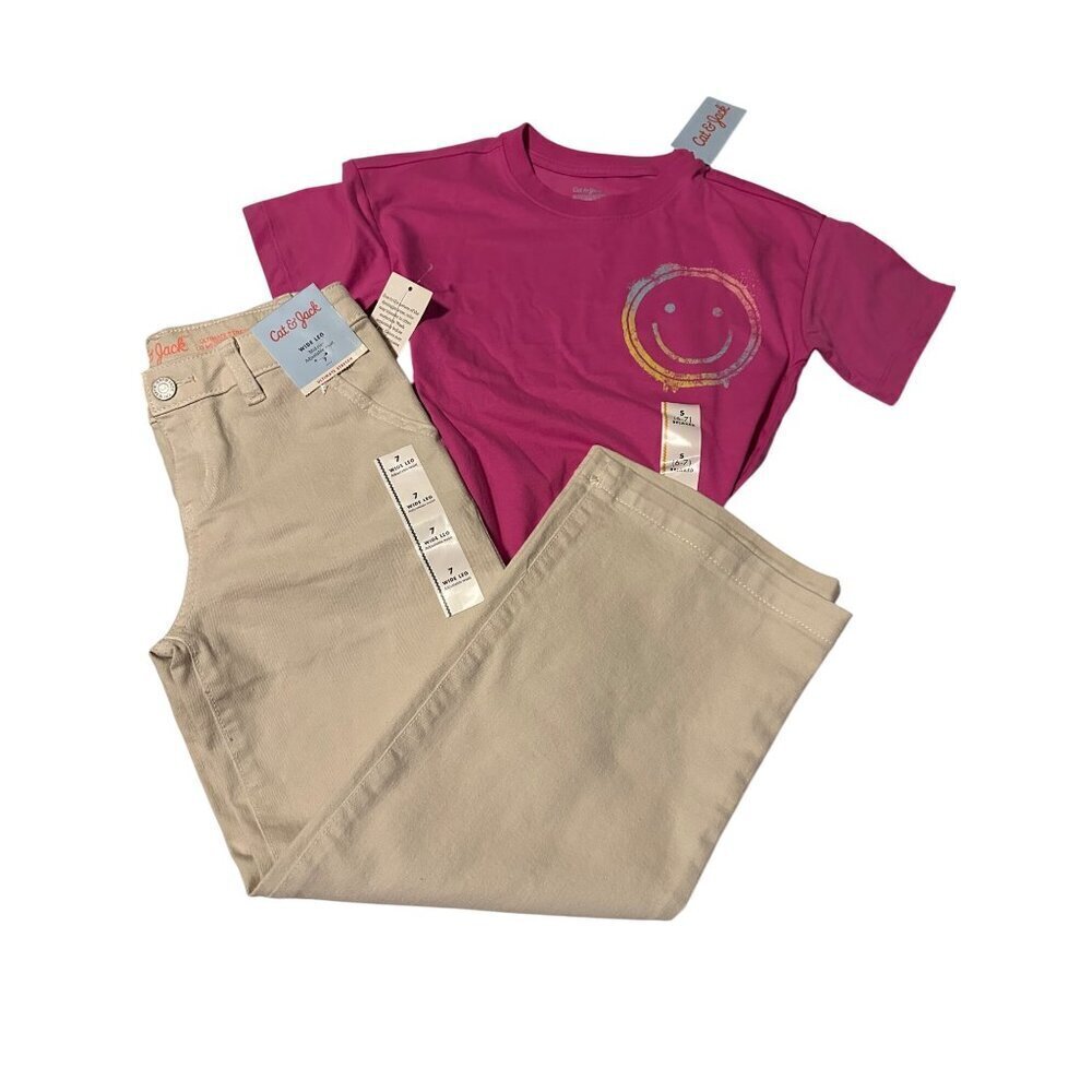 Cat & Jack bundle Pink Tee size 6/7 Jeans Wide Mid Rise Adjustable-waist 7 NWT